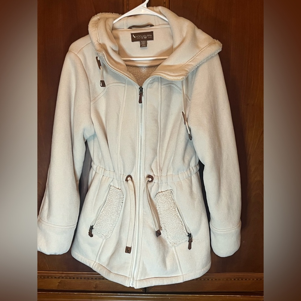 Koolaburra Women's Cream Utility Jacket with Hood. Sherpa on the inside